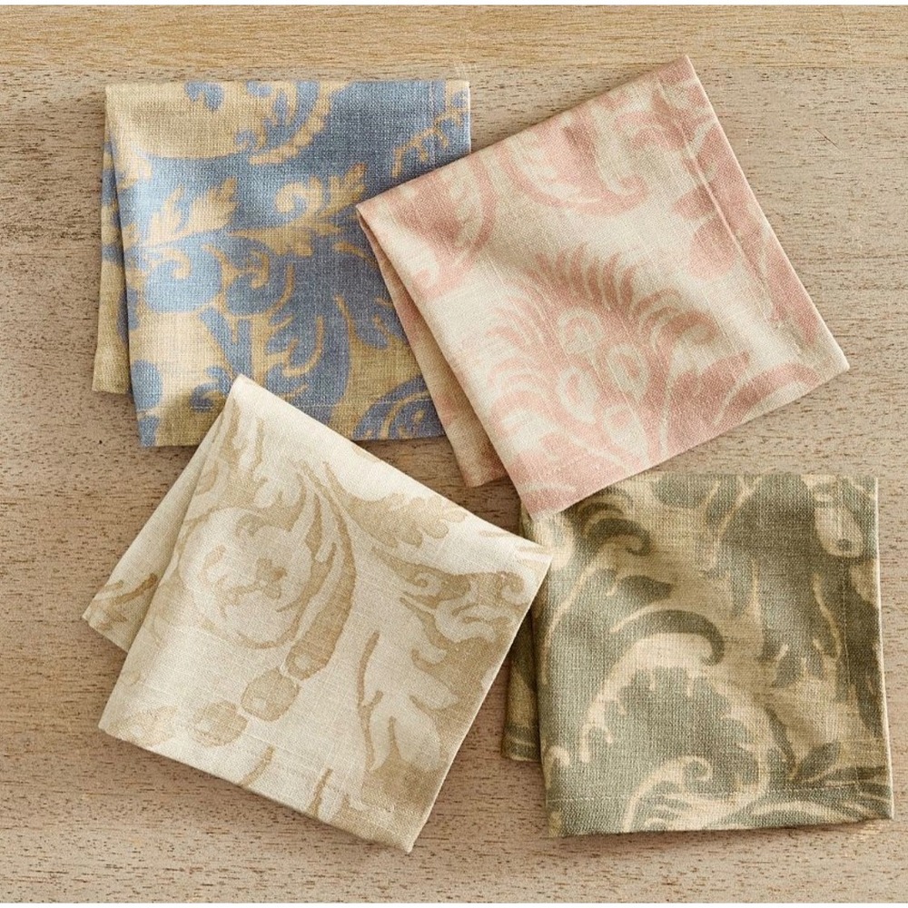 Pottery Barn Stella Damask Cocktail Napkins Set of 4 Floral Muted Tones 10x10